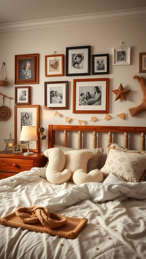 A cozy fall bedroom with a wall of framed photos, soft bedding, and warm decor.
