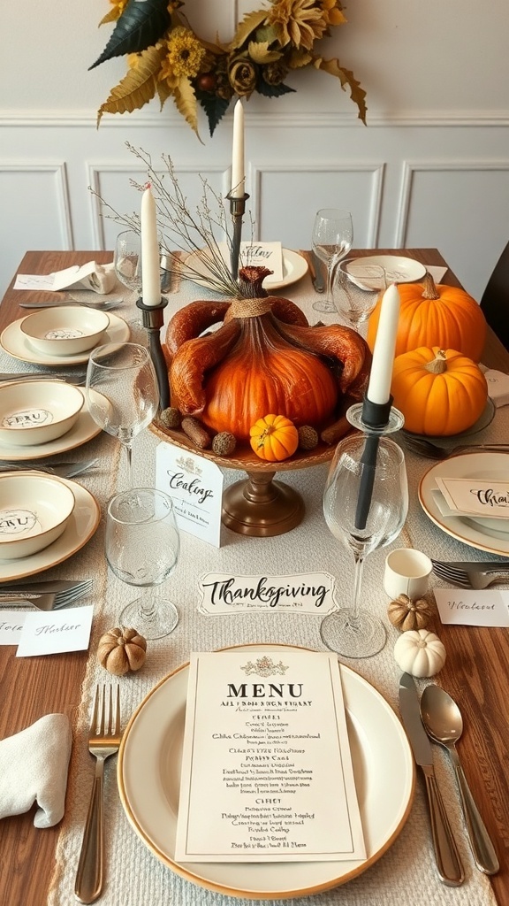 Elegant Thanksgiving table setting with pumpkins, candles, and personalized menu cards.