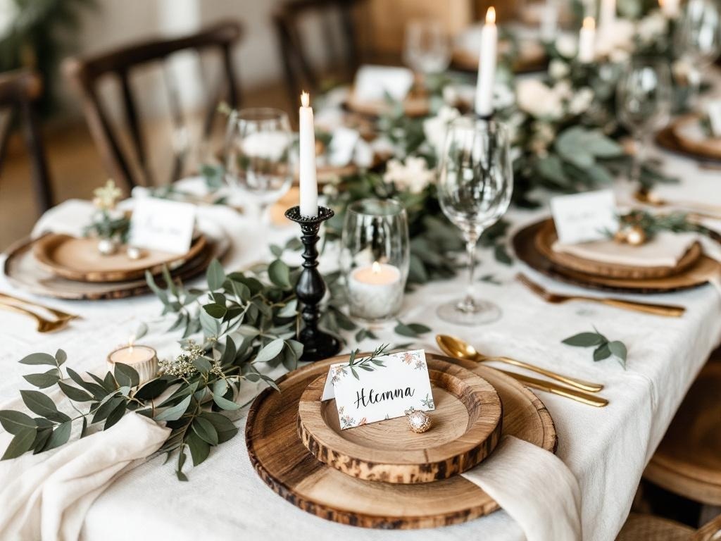 A boho Thanksgiving table setting with wooden plates, greenery, candles, and personalized name cards.