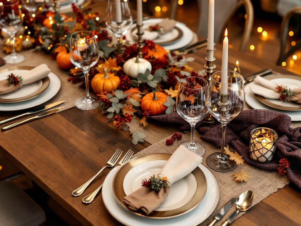 A beautifully set Thanksgiving table with pumpkins, autumn leaves, elegant plates, and candles.