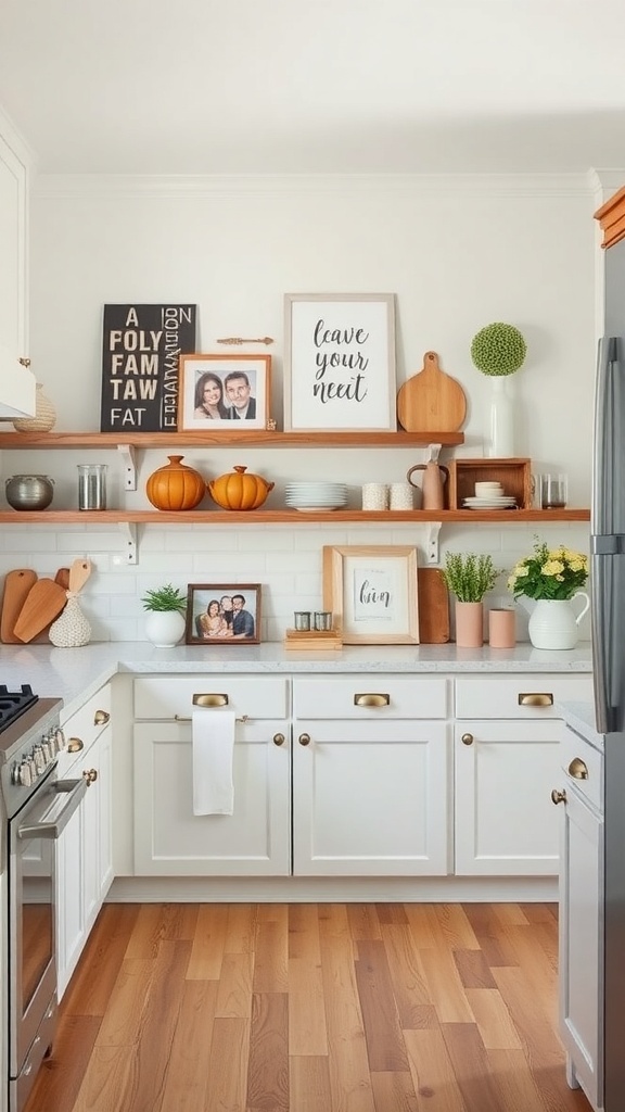 A modern farmhouse kitchen with open shelves displaying decorative items, framed photos, and seasonal pumpkins.