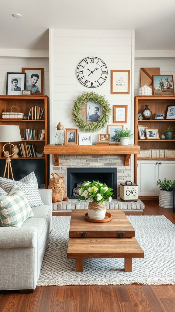 A cozy rustic farmhouse living room with personal touches like family photos and a wooden coffee table.