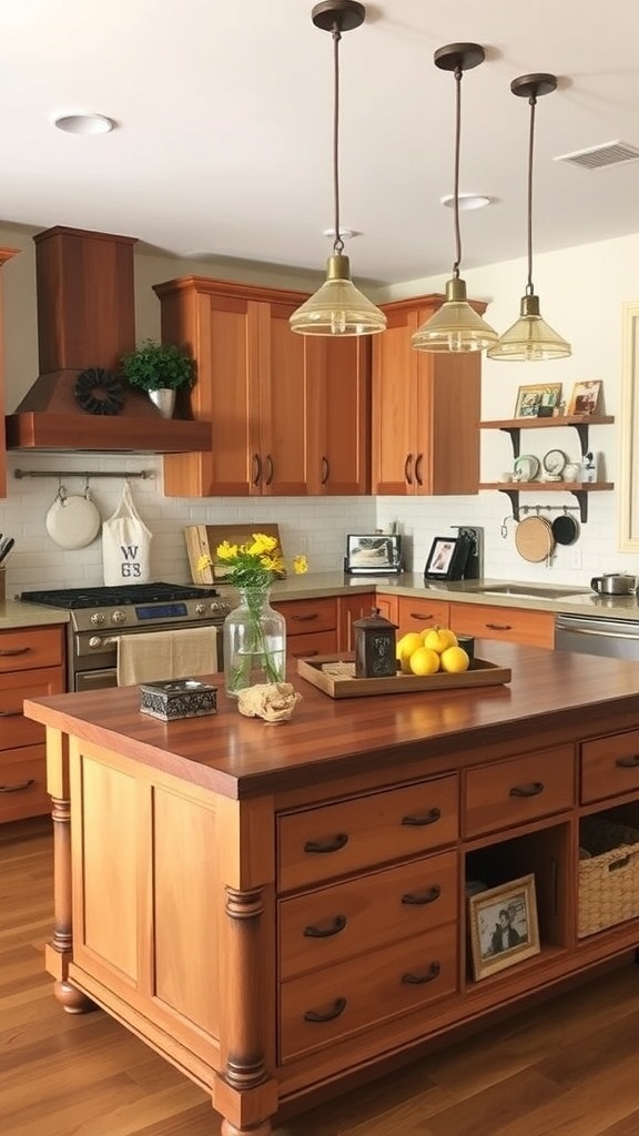 A rustic farmhouse kitchen island with wooden cabinets, a bowl of lemons, and a vase of flowers.