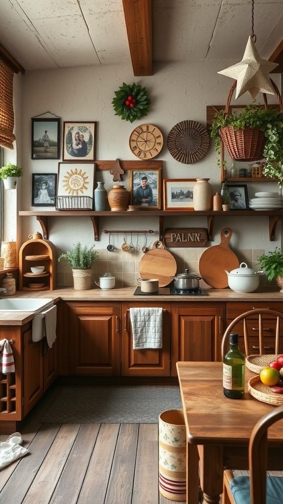A rustic kitchen with wooden cabinets, family photos, and plants.