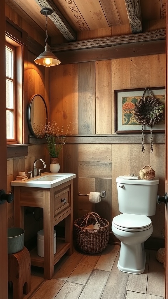 A rustic bathroom featuring wooden walls, a small sink with a mirror, and decorative elements like a basket and framed art.
