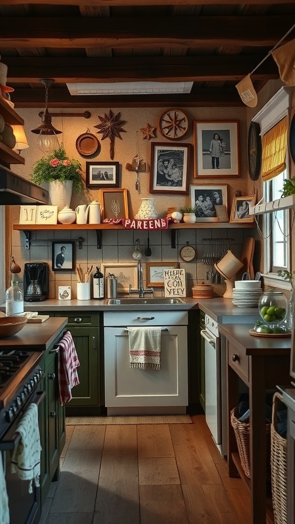 A cozy rustic kitchen with wooden cabinets, family photos on the wall, and charming decor.