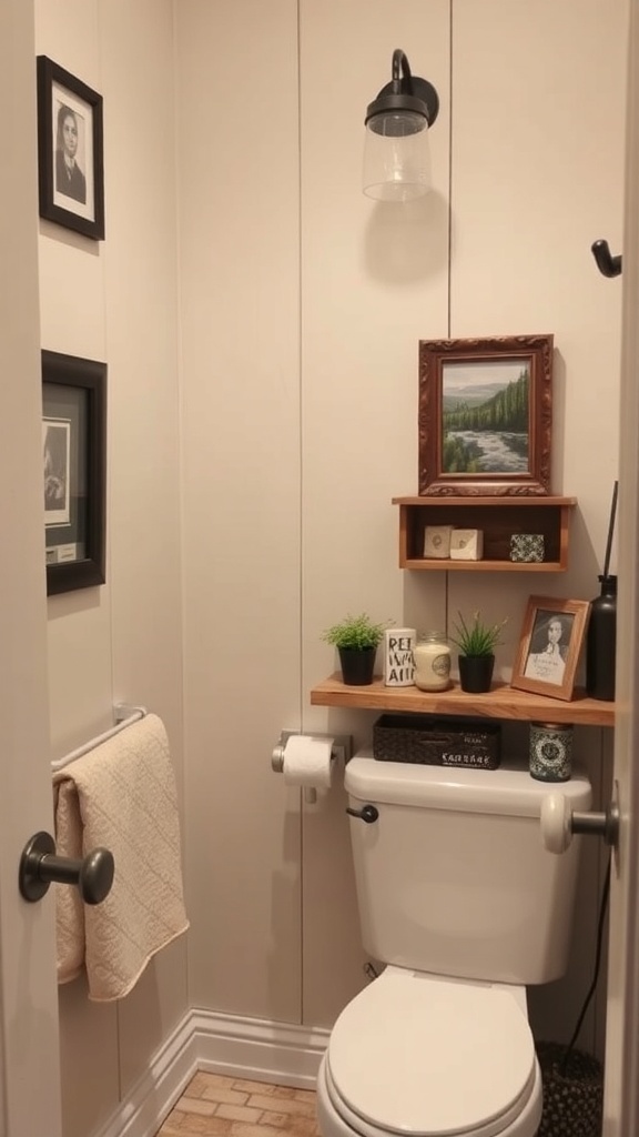 A small rustic bathroom with framed pictures and plants for a personalized touch.