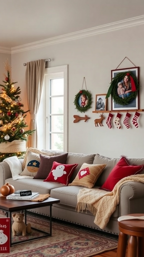 A cozy winter living room with a Christmas tree, family photos, and festive decorations.