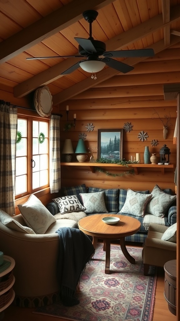 Cozy winter cabin interior with a comfortable seating area, wooden walls, and decorative elements.