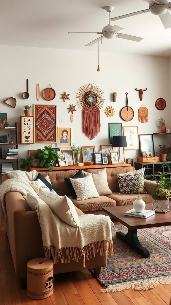 A cozy farmhouse boho living room featuring a brown sofa, decorative wall art, and plants.