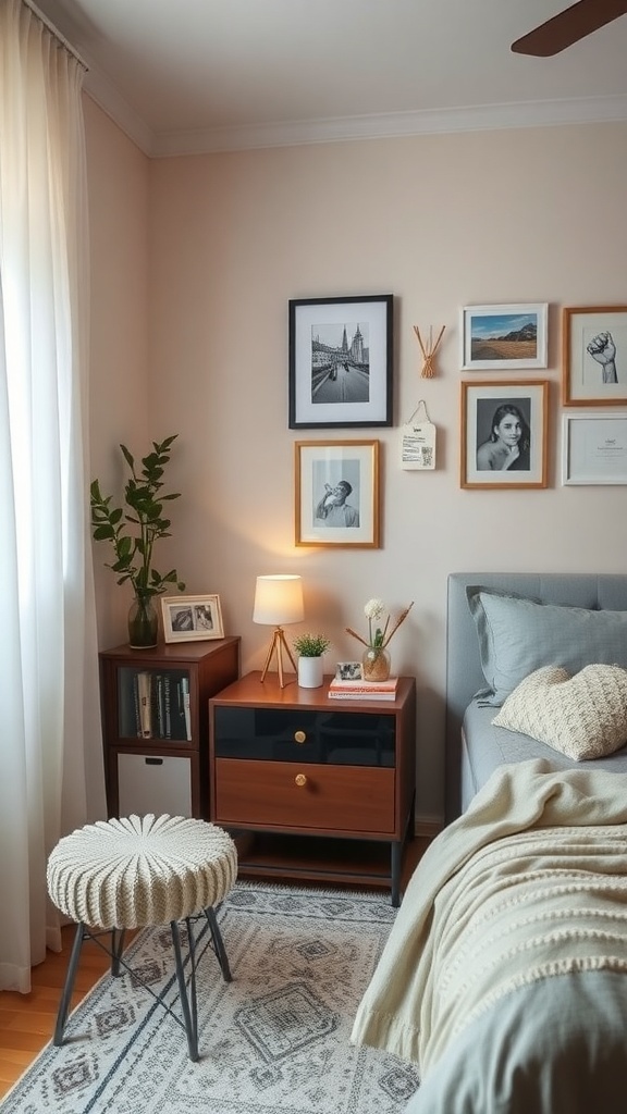 A warm modern bedroom featuring personalized decor with photos and plants.