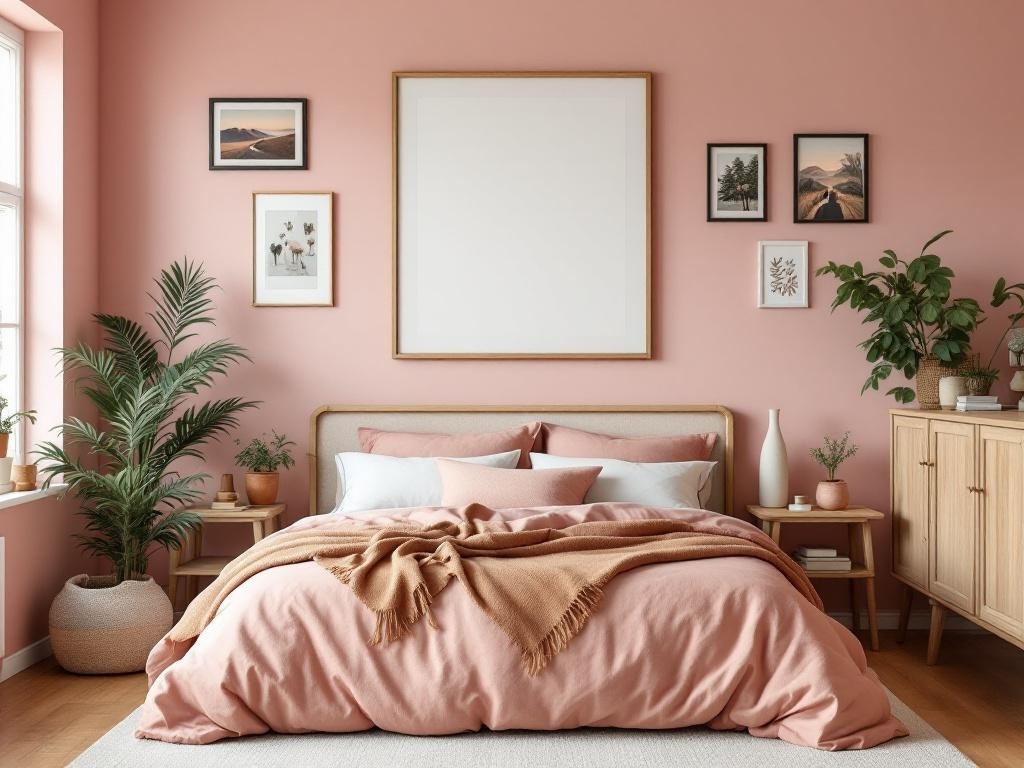 A cozy bedroom with earthy pink walls, plants, and personalized decor.