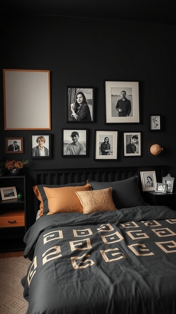 A stylish black and tan bedroom featuring framed photos and decorative pillows.