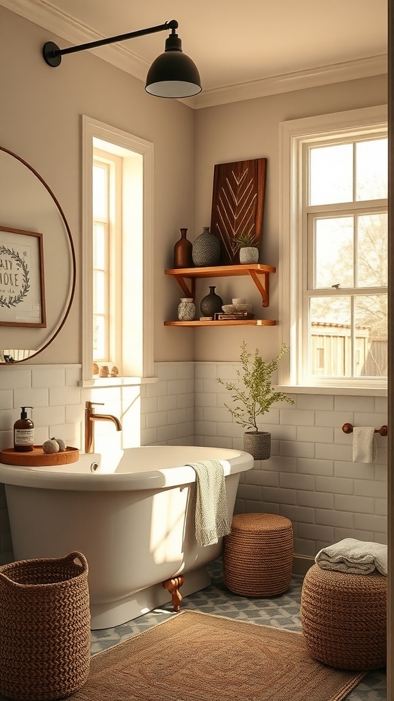 A modern farmhouse bathroom featuring artwork and plants.