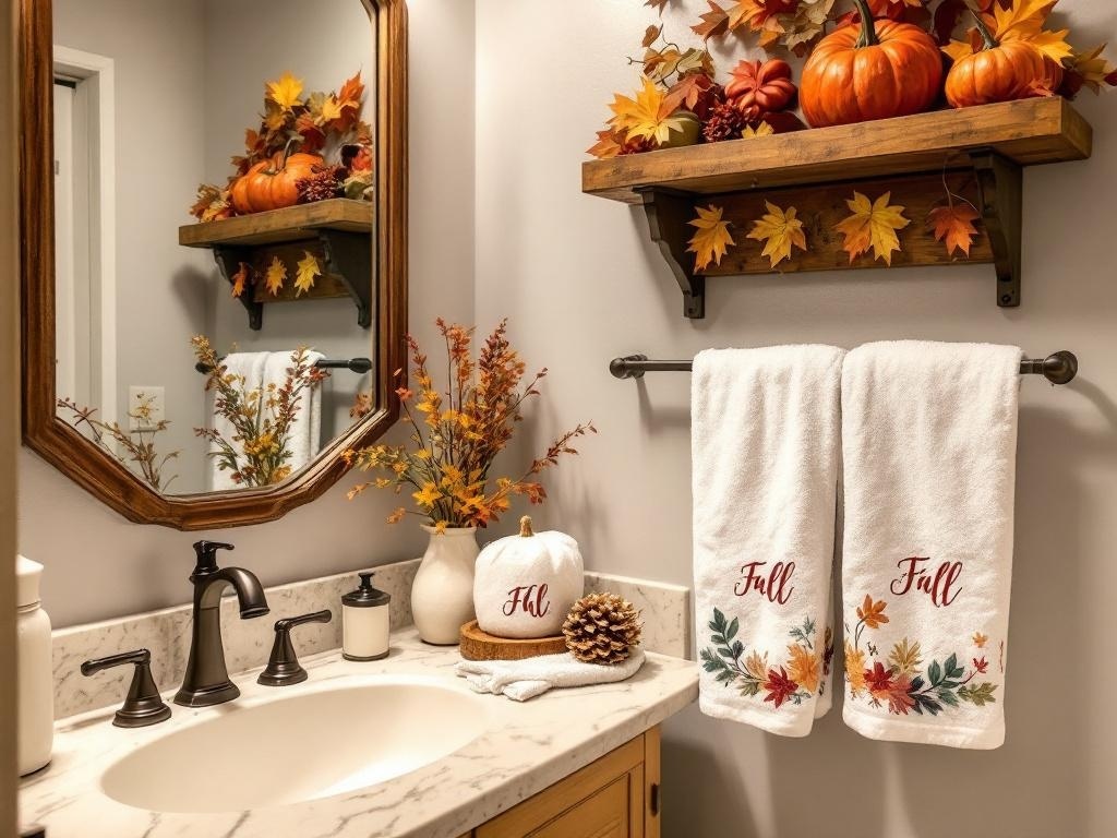 A cozy bathroom decorated for fall with pumpkins, autumn leaves, and themed towels.