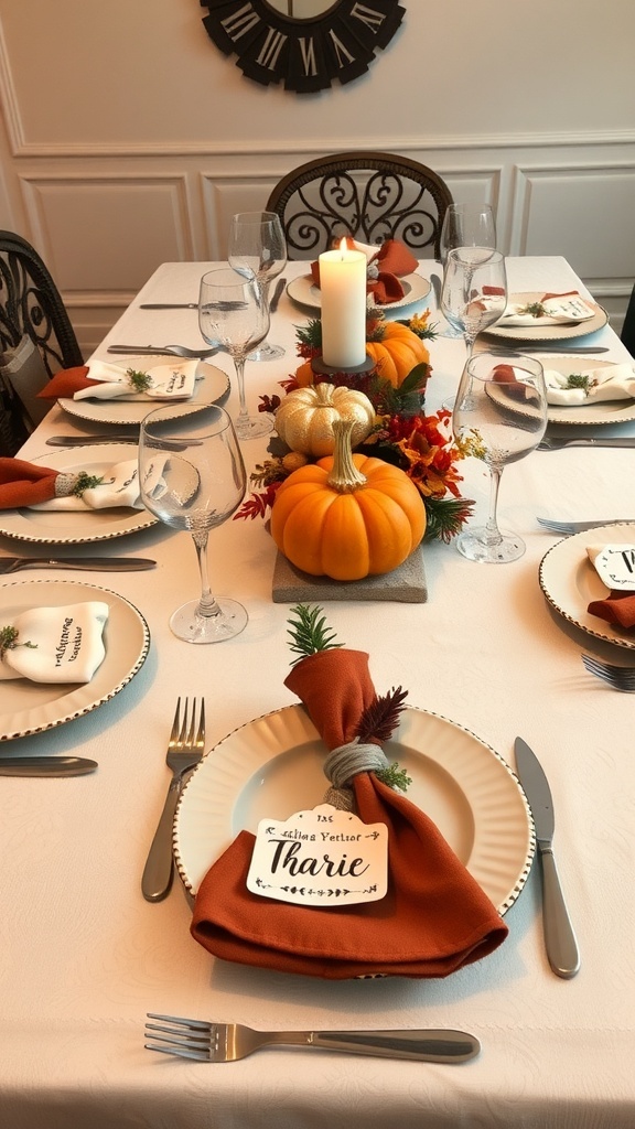Thanksgiving table setting with custom napkins and seasonal decor