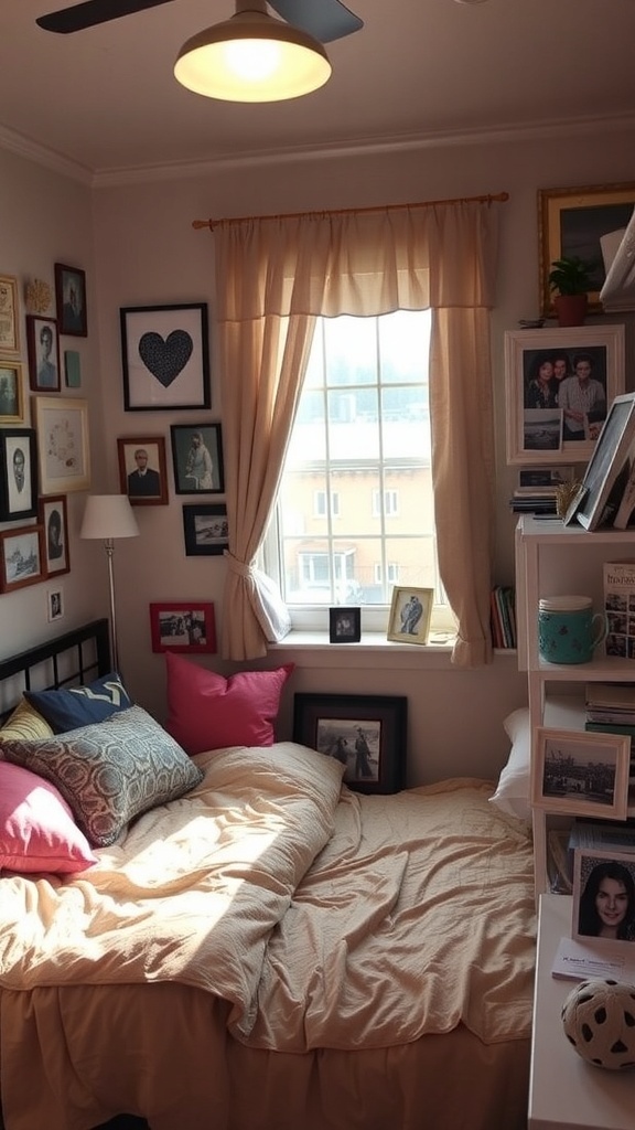 Cozy small guest bedroom with colorful pillows, framed photos on the walls, and a bright window.