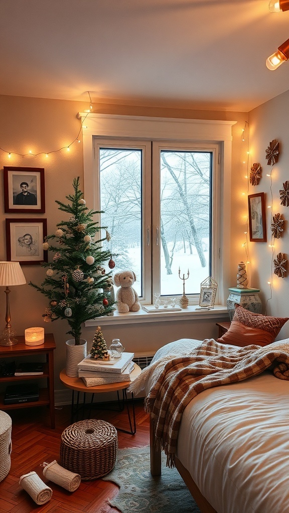 A cozy winter bedroom with a small Christmas tree, warm blankets, and twinkling lights.