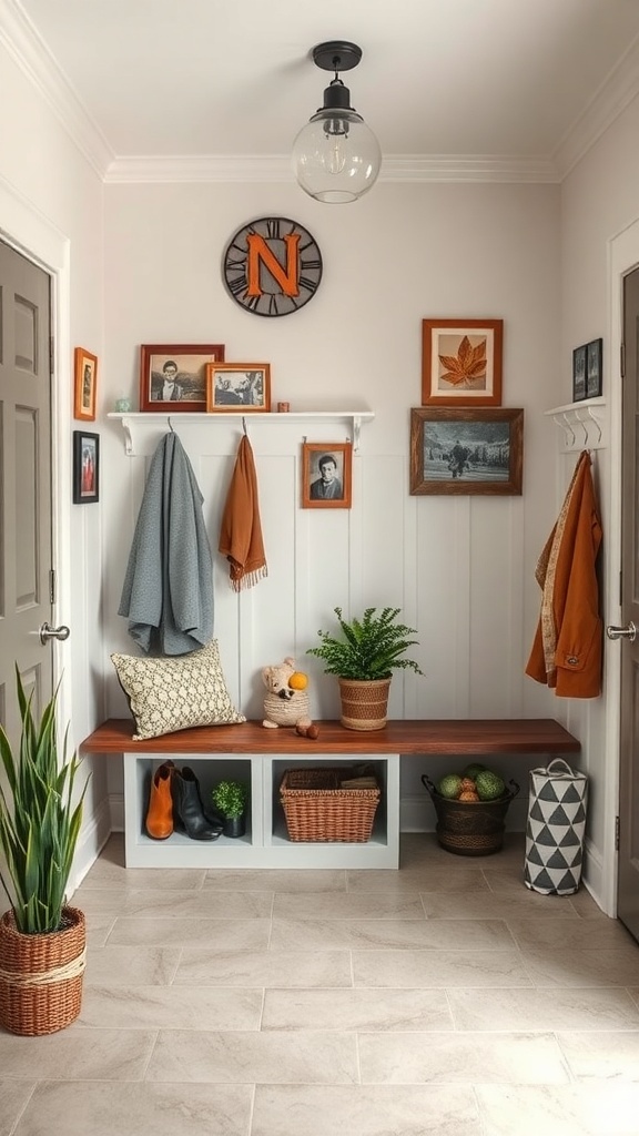A stylish modern mudroom featuring a bench, plants, and framed photos.