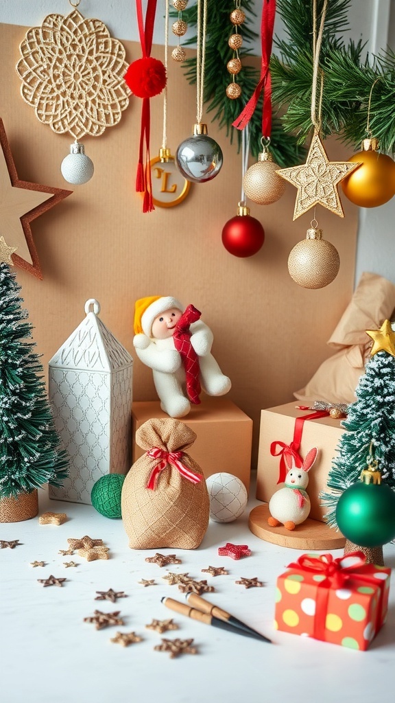 Colorful boho Christmas decor with handmade ornaments and festive decorations.