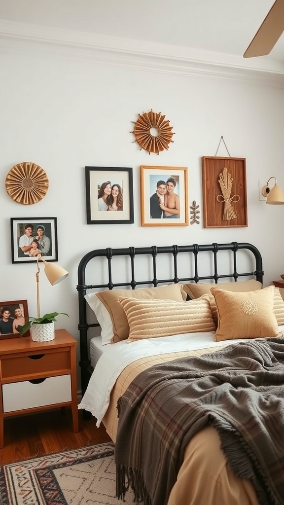 A cozy bedroom featuring earthy tones, personal photos, and warm decor elements.