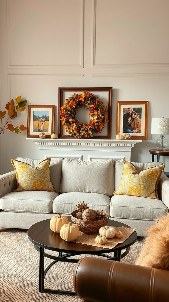 Cozy living room decorated for fall with pumpkins, a wreath, and family photos.