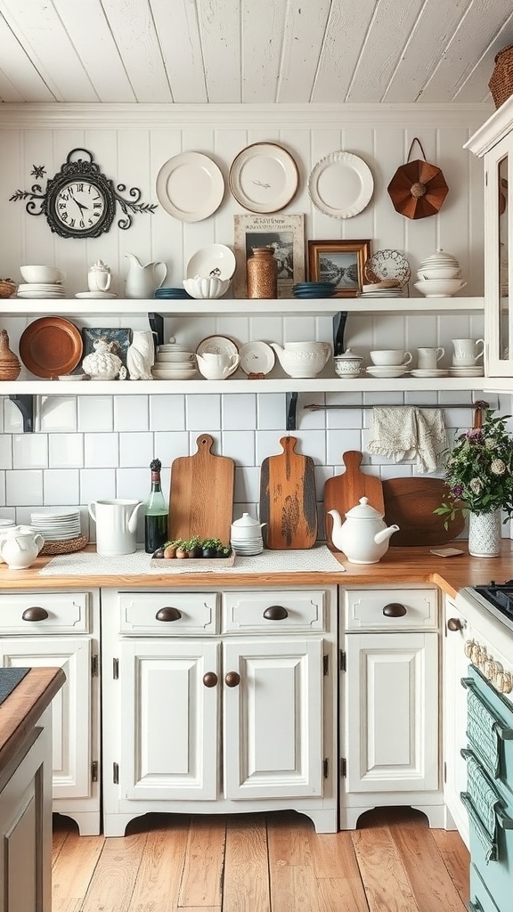 A cozy French farmhouse kitchen with vintage plates and rustic utensils on display.