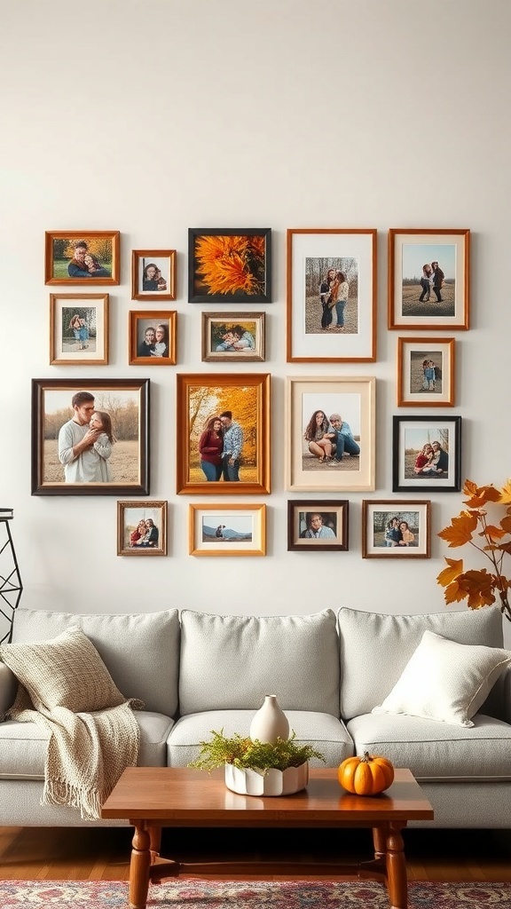 A cozy living room featuring a collection of family photos on the wall, a comfortable couch, and autumn decorations.