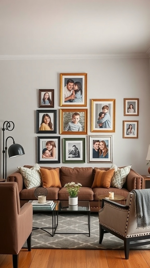 A cozy living room featuring a gallery wall of family photos in various frames.