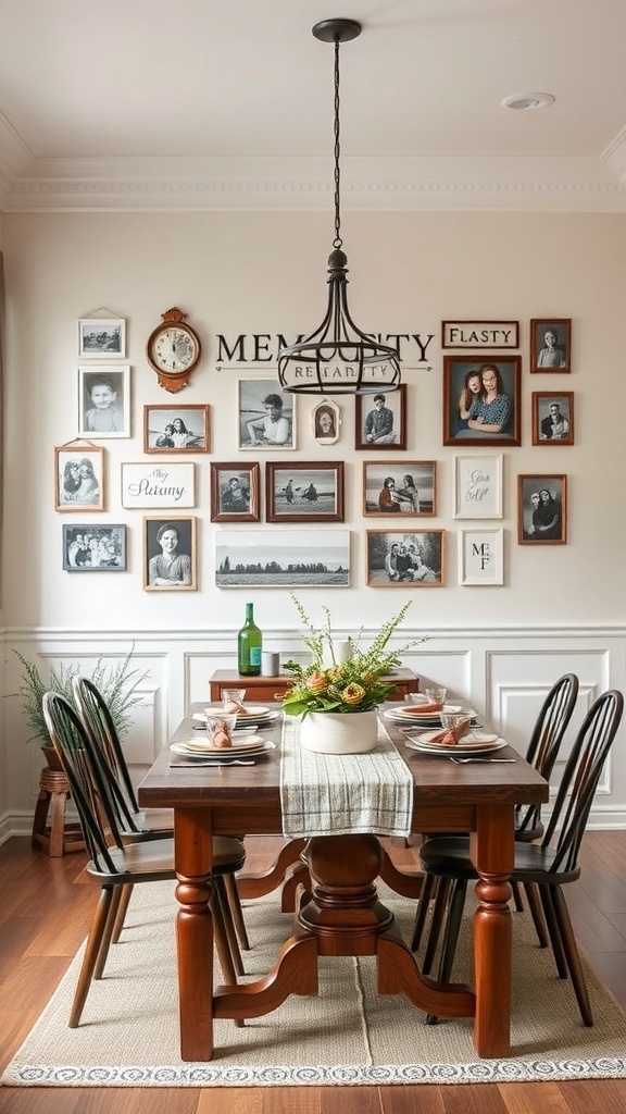 A modern farmhouse dining room featuring a gallery wall of family photos and a wooden dining table.