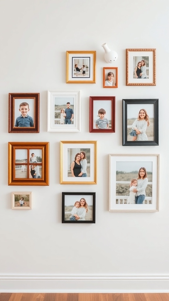 A gallery wall featuring various family photos in different frames.