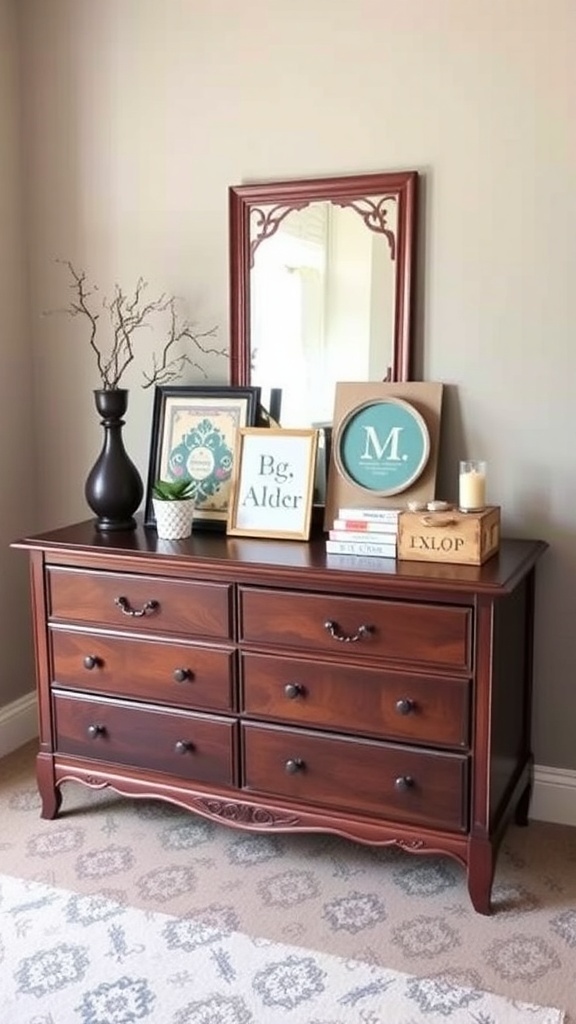 A wooden dresser decorated with framed monograms and a vase.