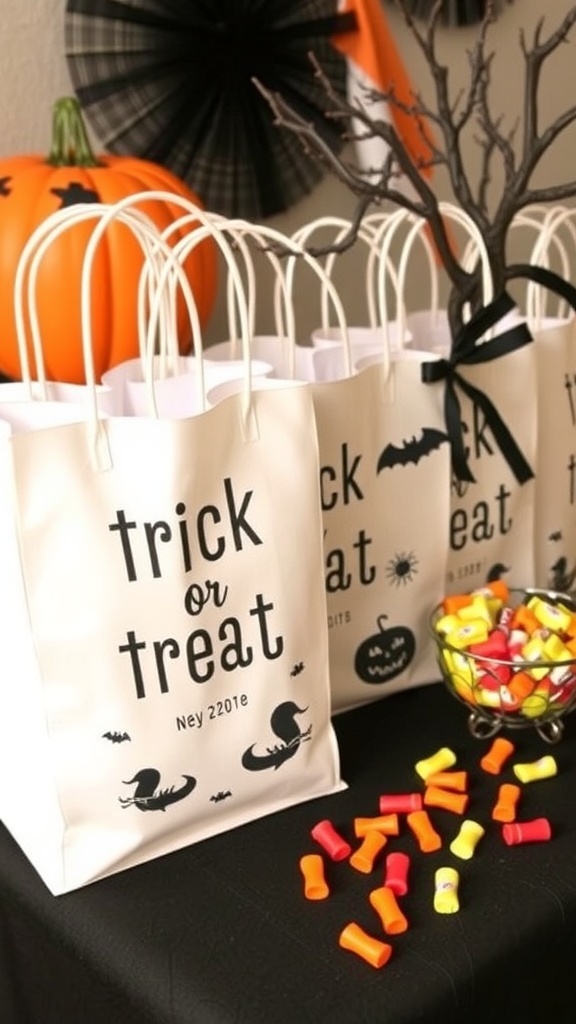 Three personalized trick-or-treat bags with playful phrases and colorful candies