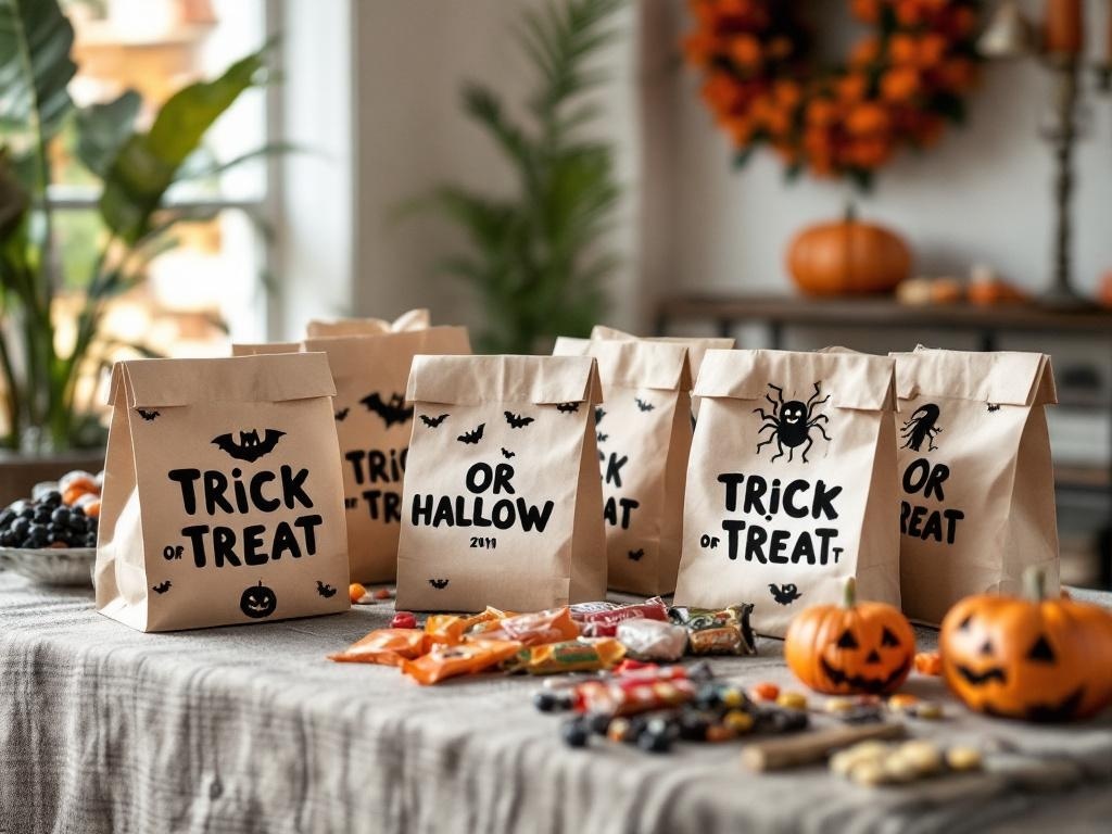 A table with personalized trick-or-treat bags, candies, and pumpkins for Halloween.