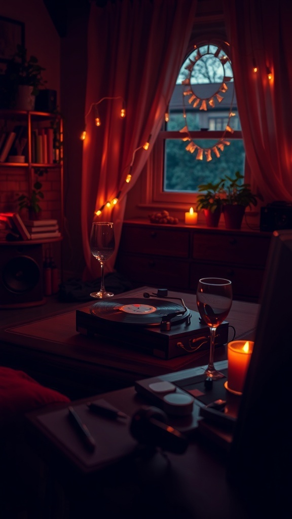 A cozy setting with a record player, wine glasses, and candles, perfect for a romantic Valentine's Day.