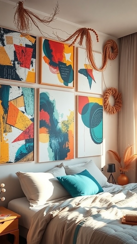 A collection of framed wall art in a teen girl's bedroom, featuring quotes and portraits.