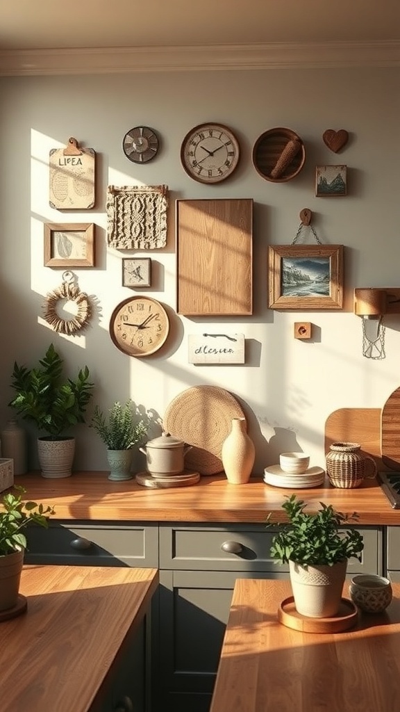 A collection of personalized wall art in a boho farmhouse kitchen, featuring various framed quotes and designs.