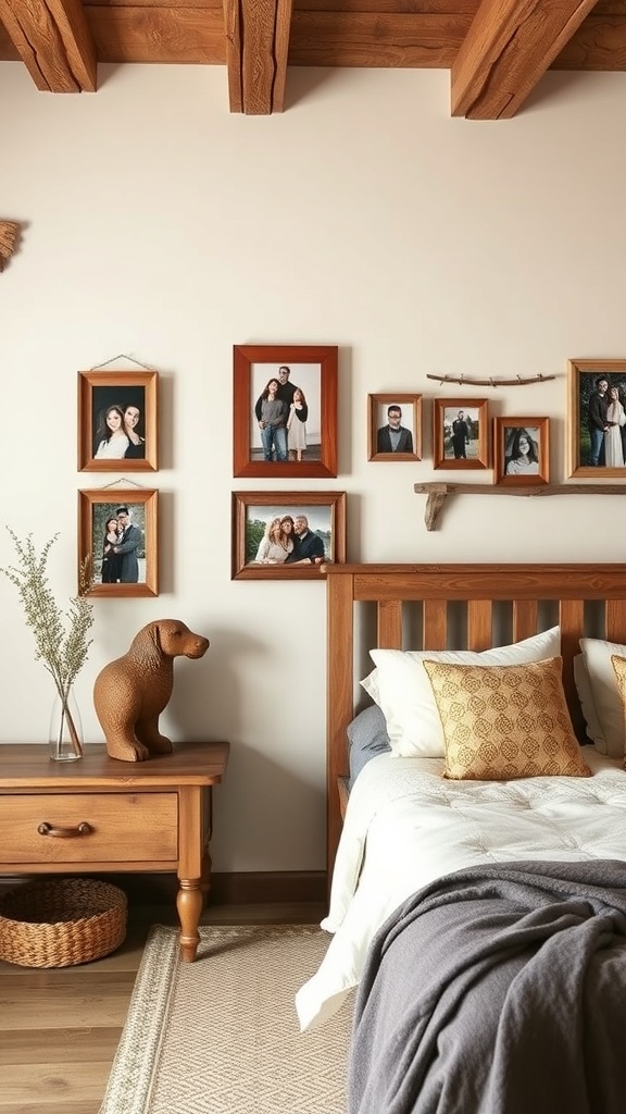A rustic bedroom featuring personalized wall art with family photos and a custom sign.