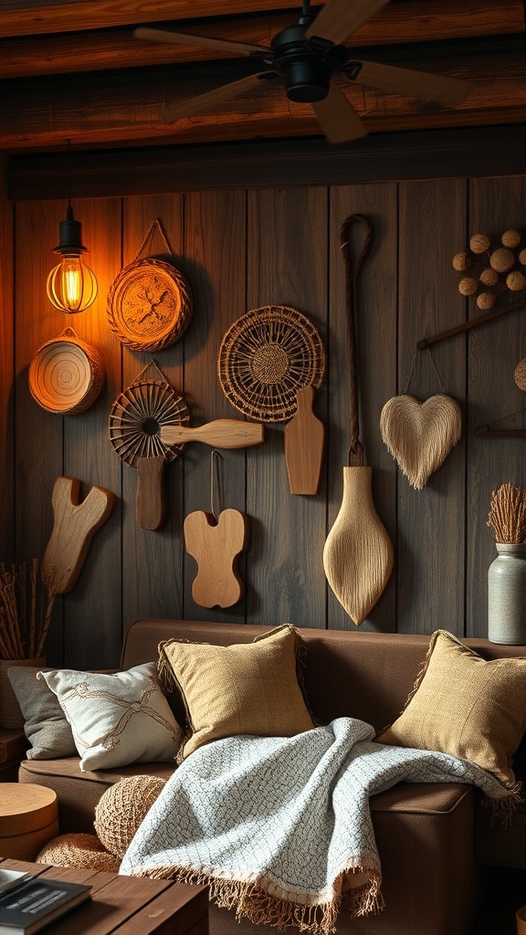 A rustic room featuring personalized wall art, including wooden decorations and a cozy seating area.