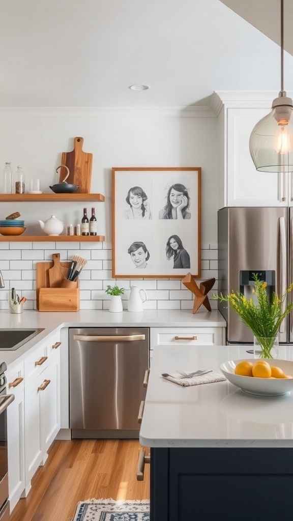A modern kitchen with personalized wall art and a flower arrangement on the counter.