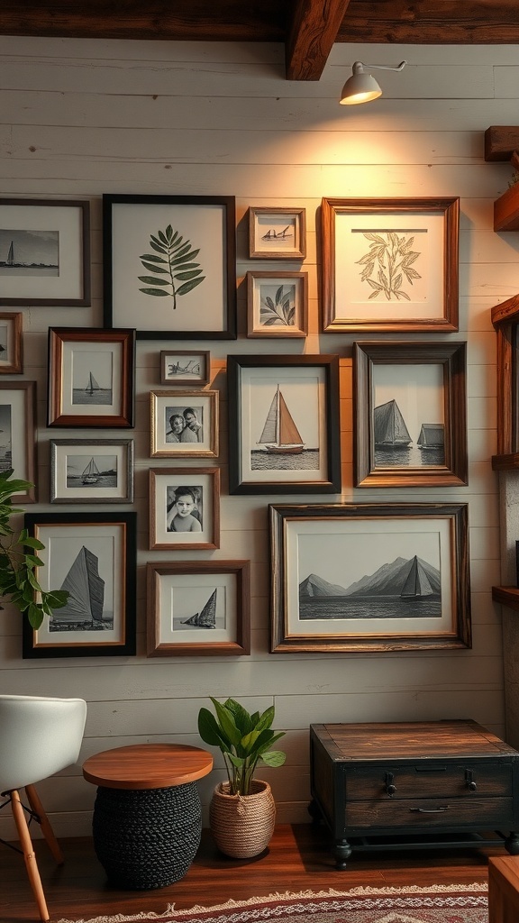 A collection of framed photos and quotes on a wall, showcasing a rustic chic style.