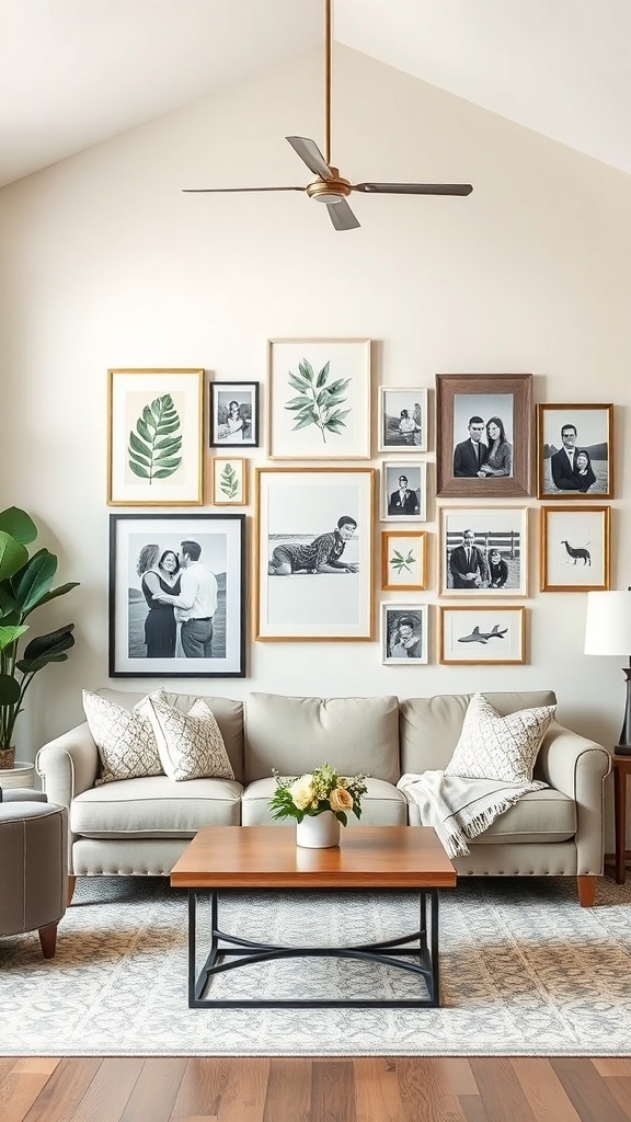 A cozy living room featuring a personalized wall art display with family photos and nature prints.