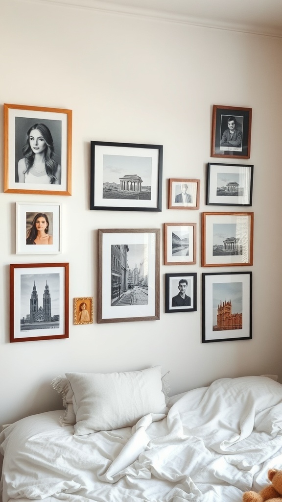 A cozy bedroom with a gallery wall of framed black and white photos and portraits.