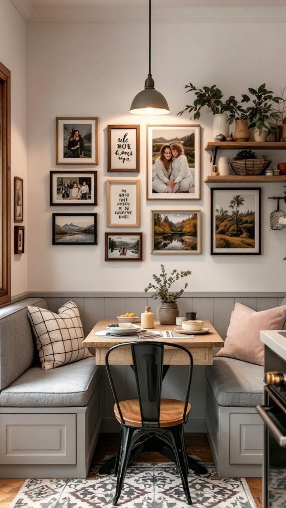 A cozy kitchen nook featuring personalized wall art with framed photos and prints.