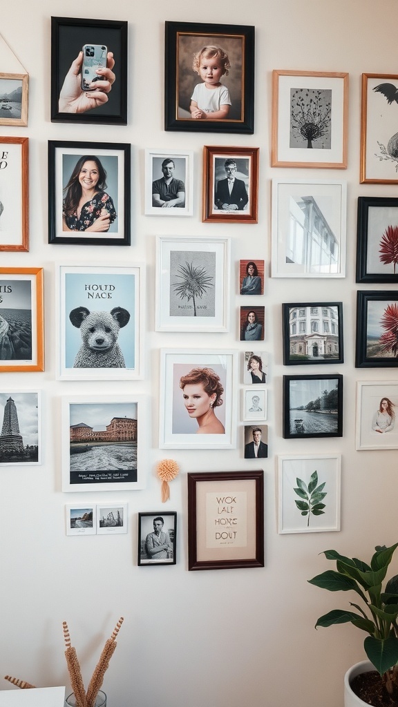 A cozy dorm room wall featuring a variety of personalized framed photos and art pieces.
