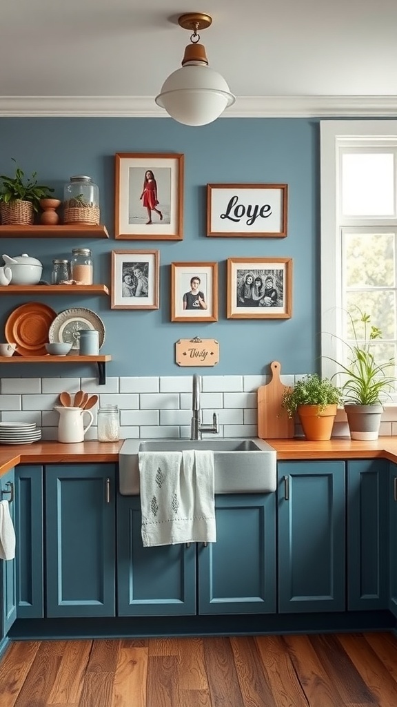 A cozy blue farmhouse kitchen featuring personalized wall art and wooden shelves.