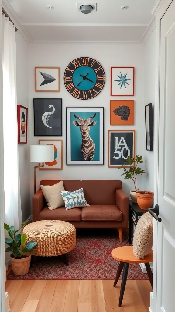 A small living room with various framed artworks on the wall, including a clock and a giraffe print, alongside a cozy couch and plants.
