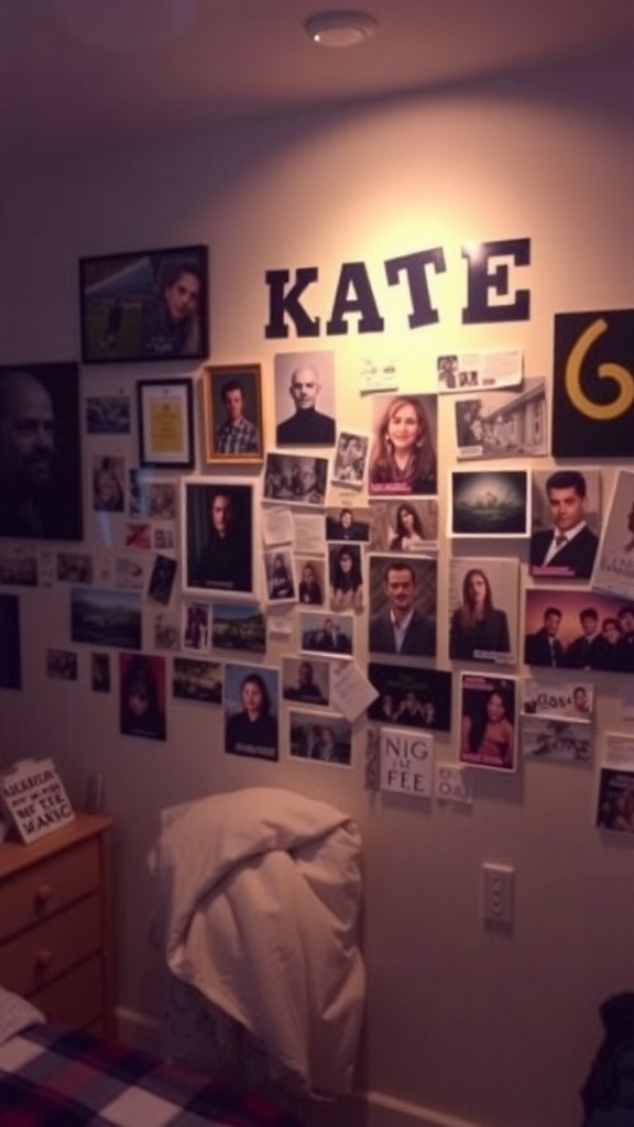 A cozy dorm room wall decorated with photos and the name 'KATE' prominently displayed.