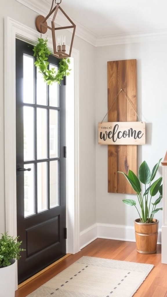A modern farmhouse entryway with a wooden welcome sign and a decorative wreath.