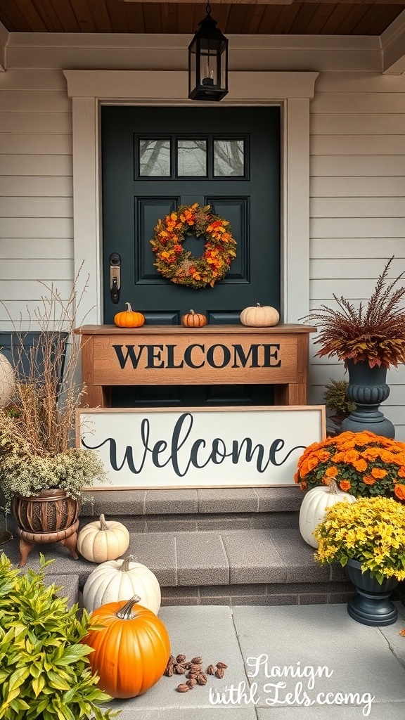 A cozy fall porch featuring a welcome sign, pumpkins, and colorful flowers.